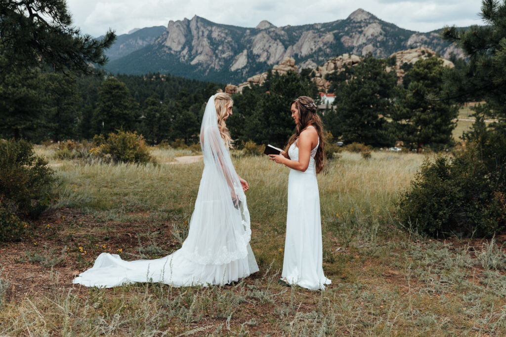 A couple exchanging vows in a park in Estes Park, Colorado