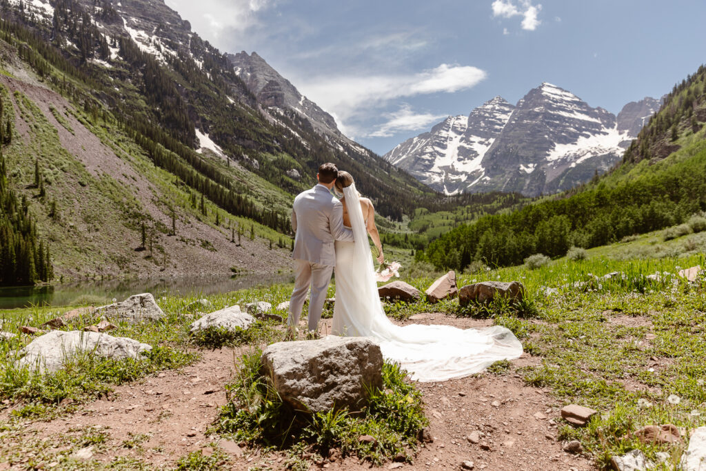 A bride and groom at their elopement at Maroon Bells in Aspen, Colorado