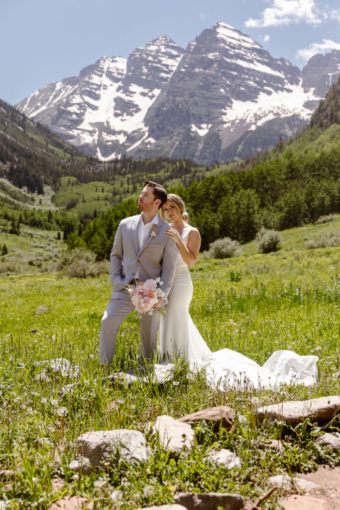 A bride and groom at their elopement at Maroon Bells in Aspen, Colorado