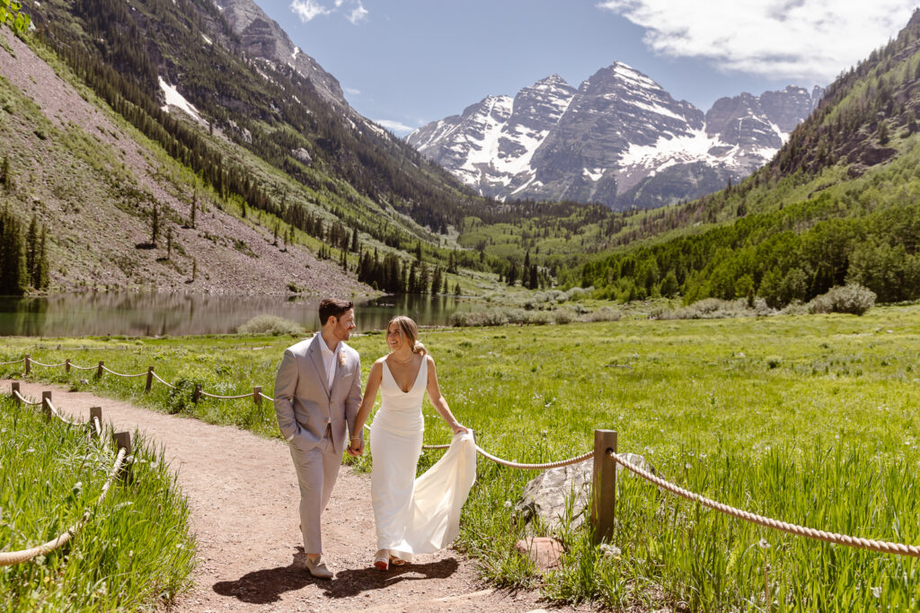 A bride and groom at their elopement at Maroon Bells in Aspen, Colorado